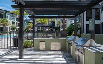 Outdoor kitchen with lounge, fire pit & tvs